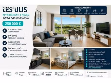 les ulis – appartement 4 pièces – 76 m² – 250 000