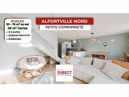 duplex 2p 75m2 au sol 46 m2 carrez + jardin 130m2 + 2 caves