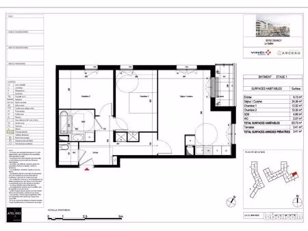 appartement 3 pièces 64 m²