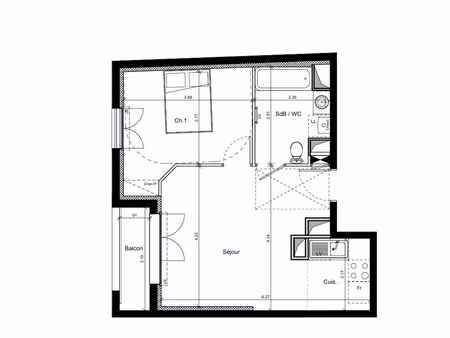 vente appartement 2 pièces  42.49m²  champs