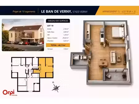 vente appartement 2 pièces 46 m² verny (57420)