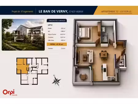 vente appartement 2 pièces 47 m² verny (57420)