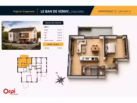 vente appartement 2 pièces 42.38 m² à verny (57420)  136 000 €