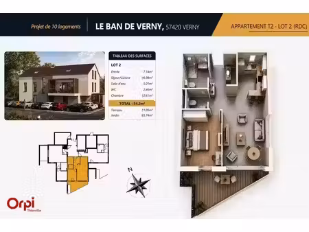 vente appartement 2 pièces 54.2 m² à verny (57420)  173 000 €