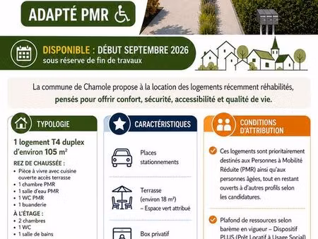 rare - a louer logement t4 duplex à chamole - dispositif prêt locatif à usage social