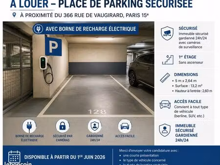 place de parking sécurisée avec parking borne de recharge paris 15e / rue de vaugirard