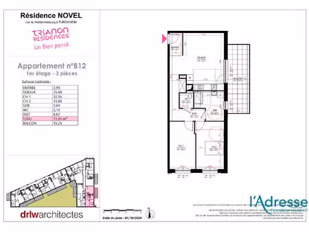 vente appartement 3 pièces  73.65m²  turckheim