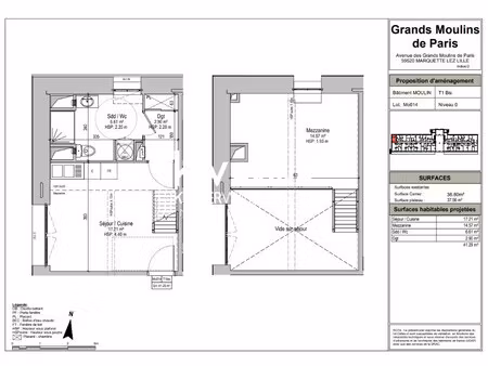 location appartement 1 pièce 41m² marquette lez lille 59520