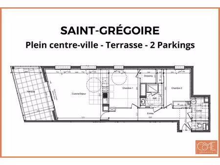 grand type 3 75 82m² - terrasse ouest - 2 parking sous-sol centre-ville - saint-grégoire