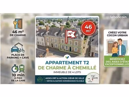 appartement t2 de 46 m² avec parking & cave – centre-ville de chemillé