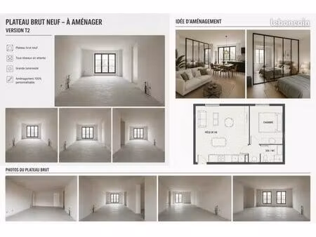t2 plateau brut neuf – projet clé en main possible avec devis travaux
