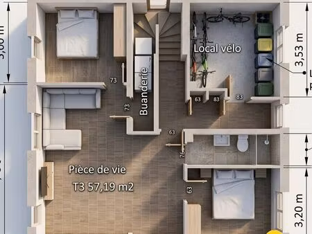 appartement 3 pièces 58 m²