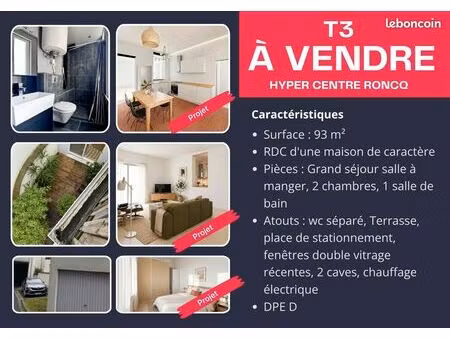 t3 roncq centre – terrasse  parking et caves