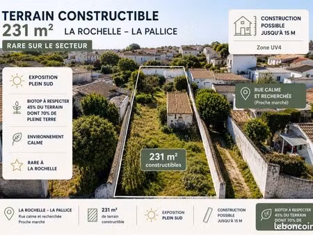 rare sur le secteur – terrain constructible 231 m² à la rochelle (la pallice)