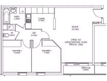 appartement 3 pièces - 60 m² - 640 cc