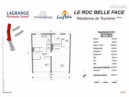 les arcs 1600 – roc belle face – t3 + alcôve – libre de tout bail commercial- collé au ts 
