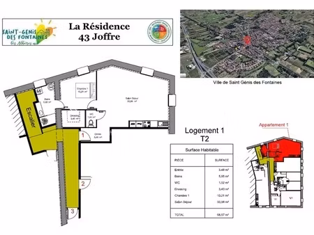 appartement t2 à louer - 58 57 m² - location à l’année – st génis des fontaines (village)