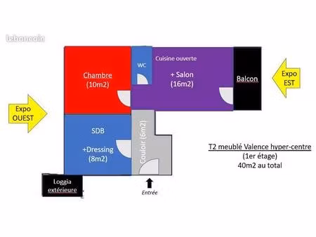 t2 meublé 40m2 hyper centre. traversant est-ouest