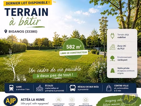 vente terrain 582 m² à biganos (33380)  169 000 €