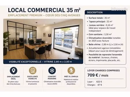 local commercial 35 m² – emplacement idéal cinq avenues – vitrine + climatisation récente