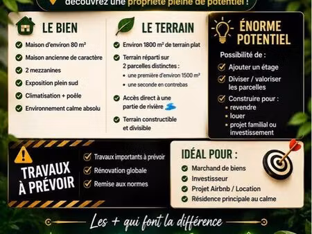 maison 80m² sur terrain plat divisible 1800m² – gros potentiel