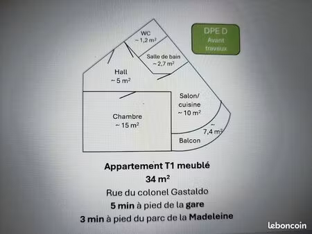 appartement t1 centre ville avec balcon et stationnement