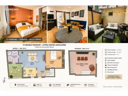 hyper-centre d'angoulême – superbe t2 meublé avec terrasse privative & salle cinéma