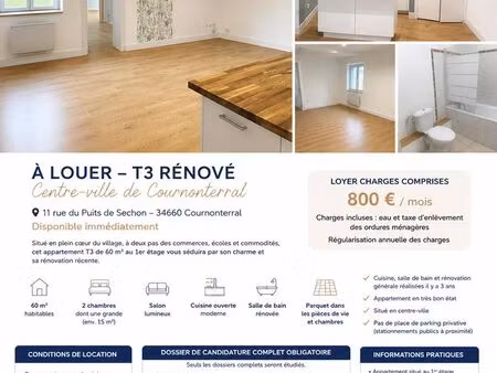 ? appartement t3 rénové – 60 m² – centre-ville de cournonterral