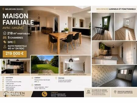 maison familiale 218 m² - 5 chambres - suite parentale rdc - jardin - meurchin