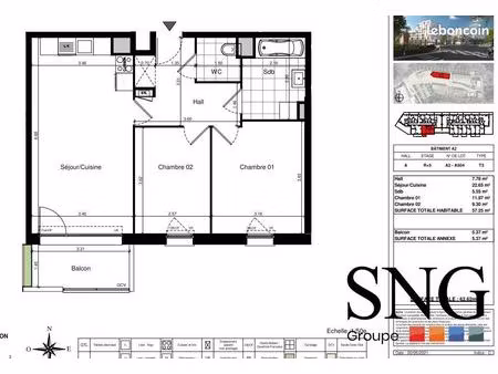 appartement 3 pièces 57 m²
