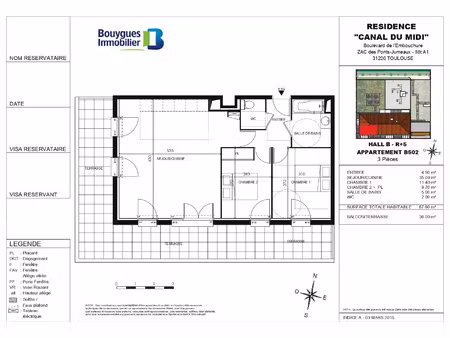 toulouse  bld de l’embouchure t3 de 68m² avec 1 place de parking et terrasse 36 m²