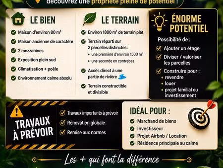 maison + terrain 1800 m2 constructible - accès rivière - fort potentiel 326 000 négociable