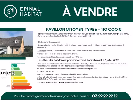 pavillon mitoyen type 6 – 110 000 €