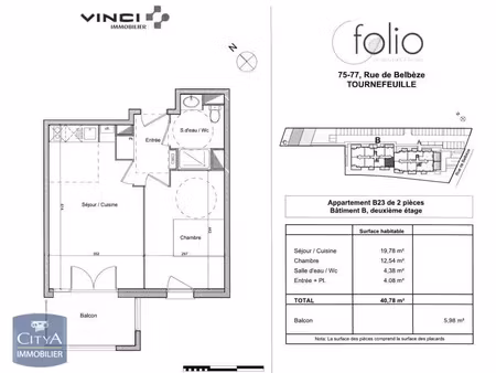 appartement à louer 2 pièces 40.95 m² - tournefeuille (31) - 560€