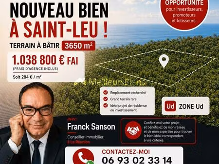 magnifique terrain à bâtir de 3650 m² en zone ud situé à etang st leu (97424)