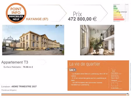 vente appartement 3 pièces 78.86 m² à hayange (57700)  472 800 €