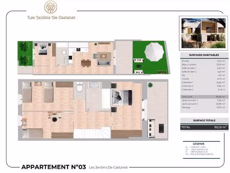 duplex de type 5 avec 2 jardins + terrasse + 2 places de parking