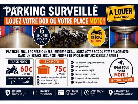 place moto sécurisée ou box moto à louer – accès 24h/24 – paris 20e