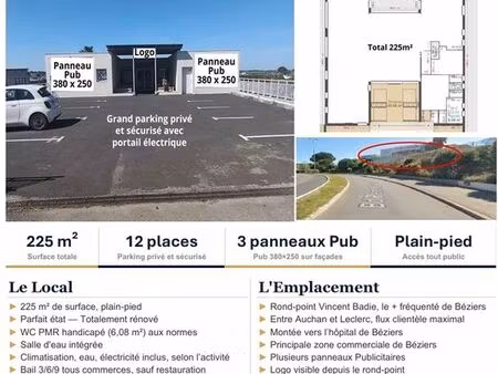 à louer  beau local commercial 225m2  grand parking  entre auchan et leclerc