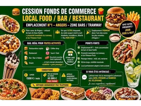 ??? cession fonds de commerce – local food / bar / restaurant ?◊emplacement n°1 – angers –