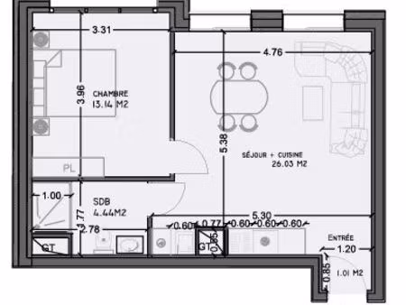appartement 2 pièces 44 m²