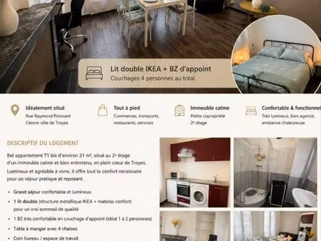 location t1 bis meublé centre de troyes