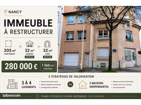 investissement nancy – immeuble 205 m² + garage – division 2 à 4 logements