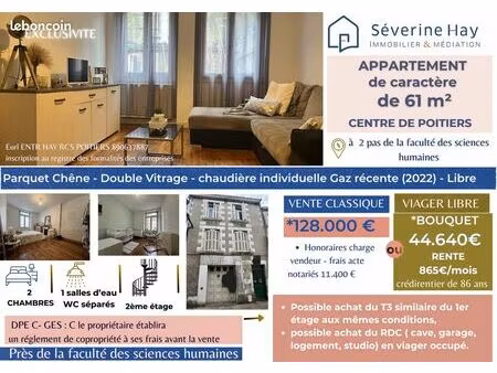 exclusivité – poitiers centre-ville t3 de caractère avec parquet chêne – viager libre ou v