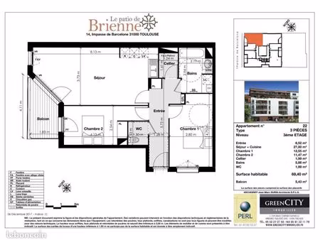 appartement 3 pièces 69 m²