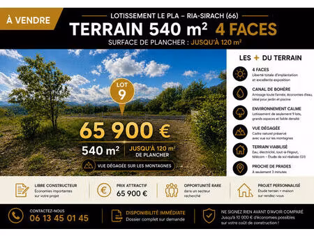 terrain 540m² - 4 faces - libre constructeur - emplacement de standing
