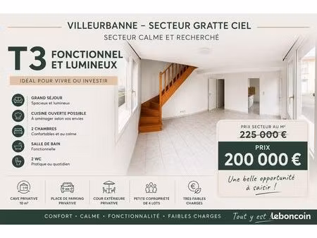 ? gratte-ciel – t3 duplex avec parking  cave et extérieur privatif – 200 000