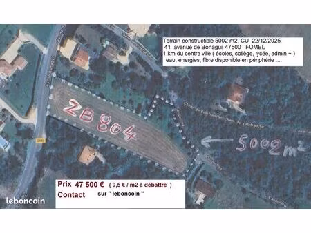 terrain à bâtir constructible fumel 5000 m2 47 500