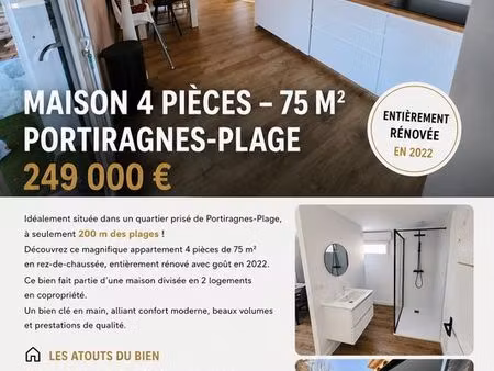 appartement 75 m² portiragnes plage