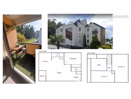 t4 duplex garage balcon cave - 3 chambres - centre quimper